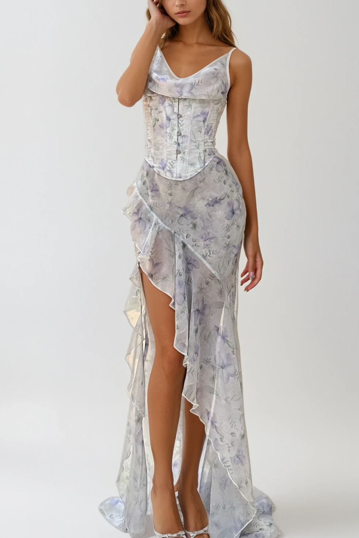 Elara Floral Corset Ruffle Maxi Dress