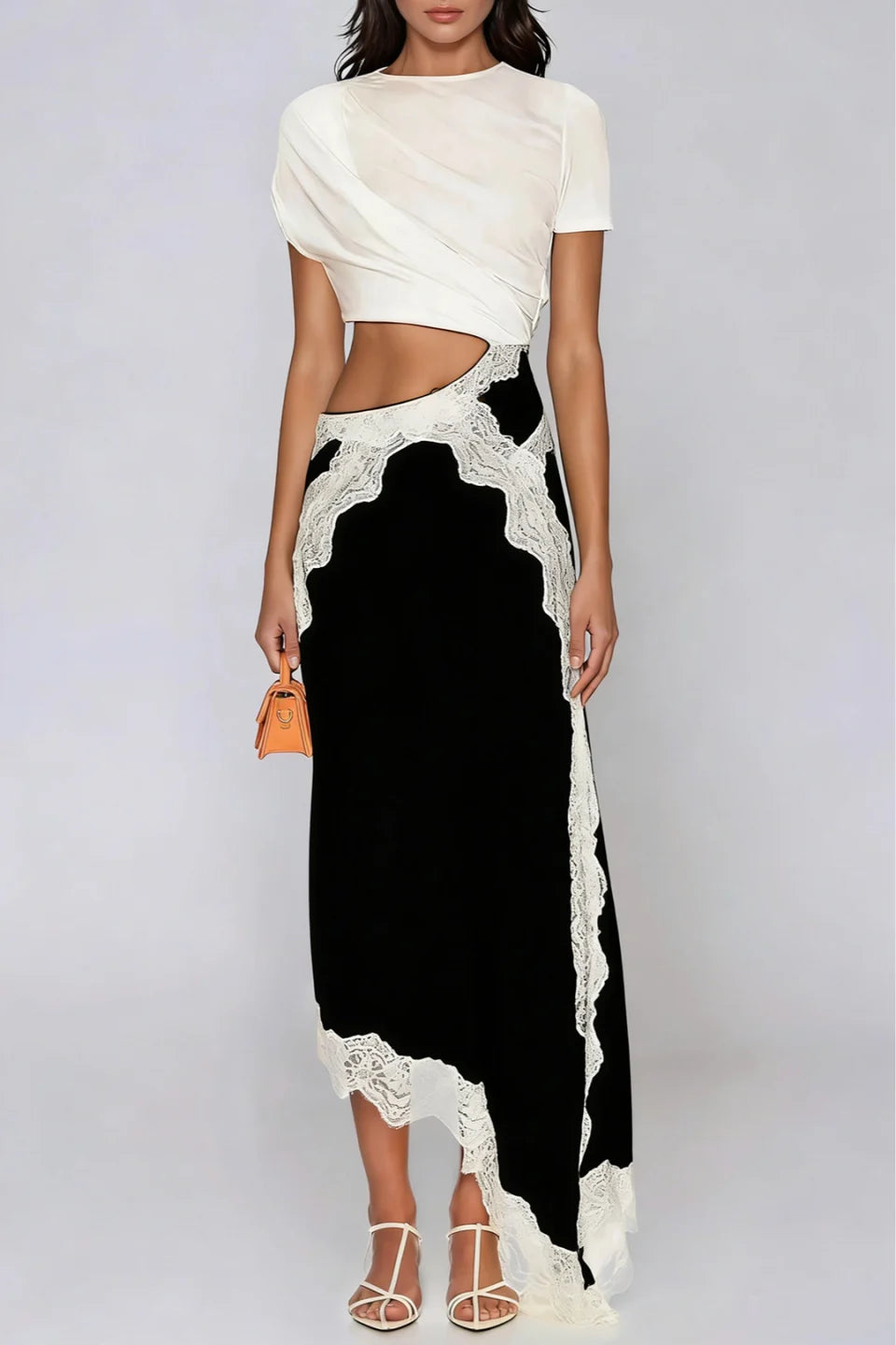 Evelisse Asymmetrical Satin Lace Maxi Dress Cutout – Melavore
