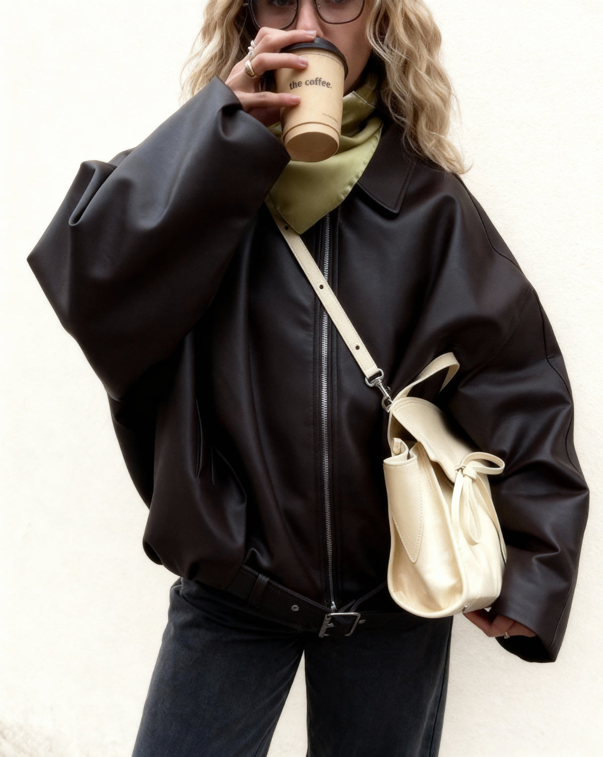 Women’s Oversized Vegan Belted Leather Jacket