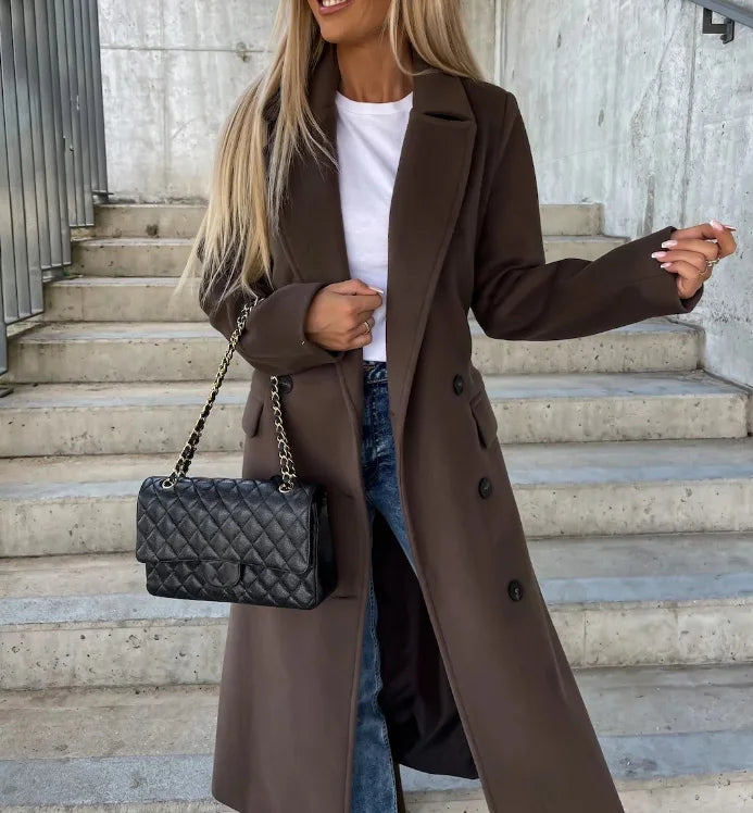 Women's Elegant Warm Long Double Breasted Winter Coat with Belt Classic Look | Ideal for Autumn/Winter 0