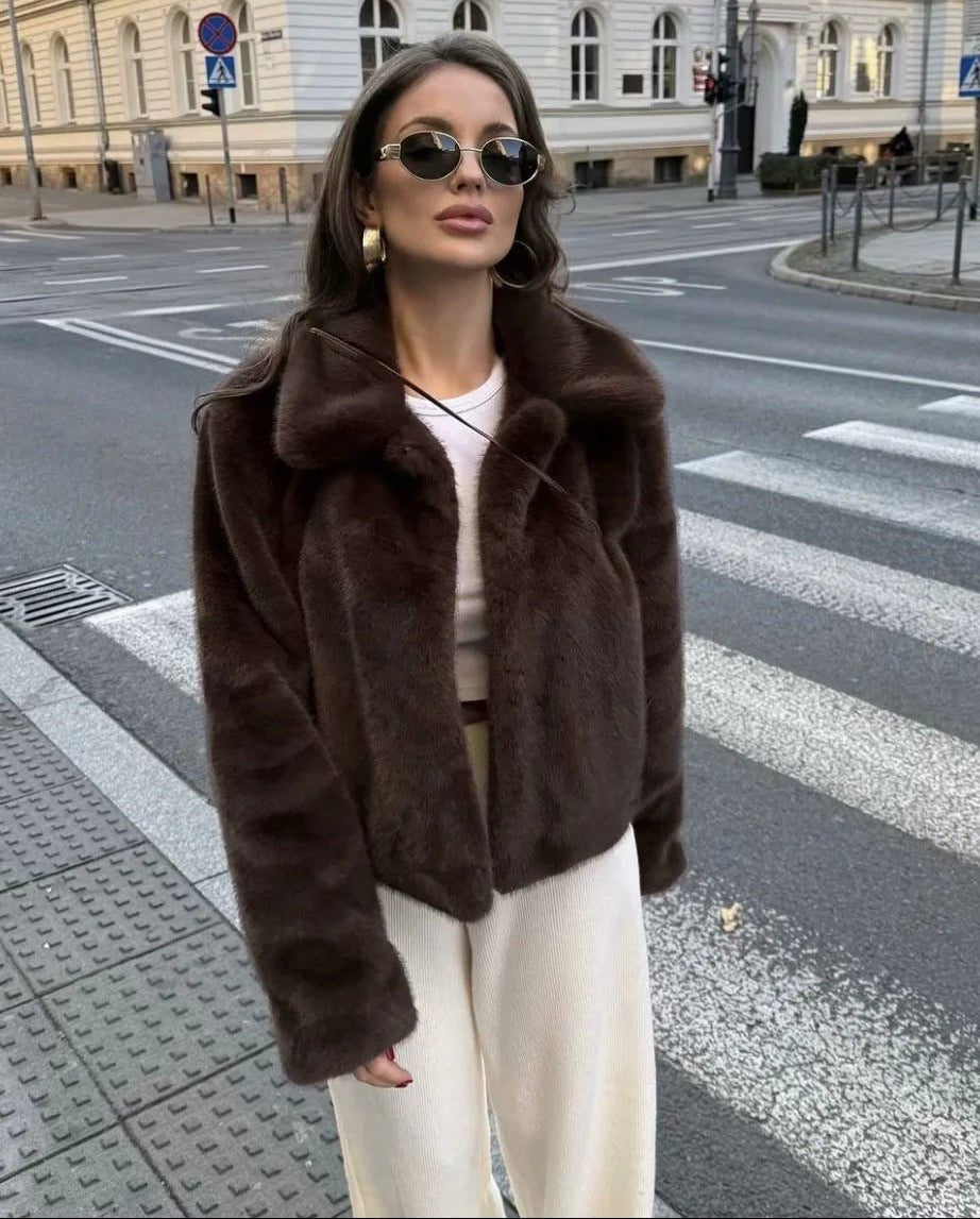 Lyra Short Plush Faux-Fur Collared Jacket