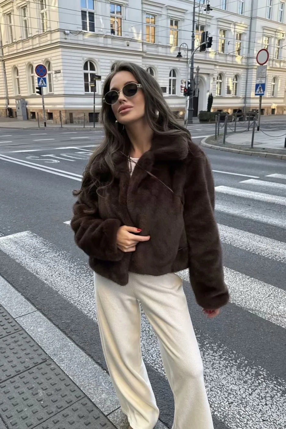 Lyra Short Plush Faux-Fur Collared Jacket