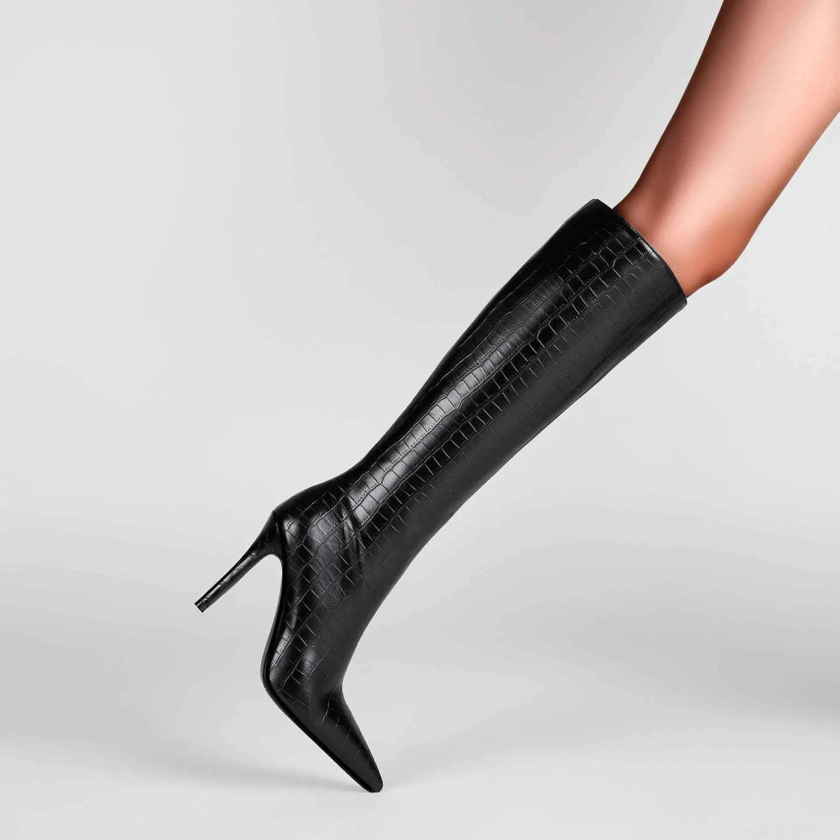 Alessia Crocodile-Embossed Pointed-Toe High-Heel Knee Boots
