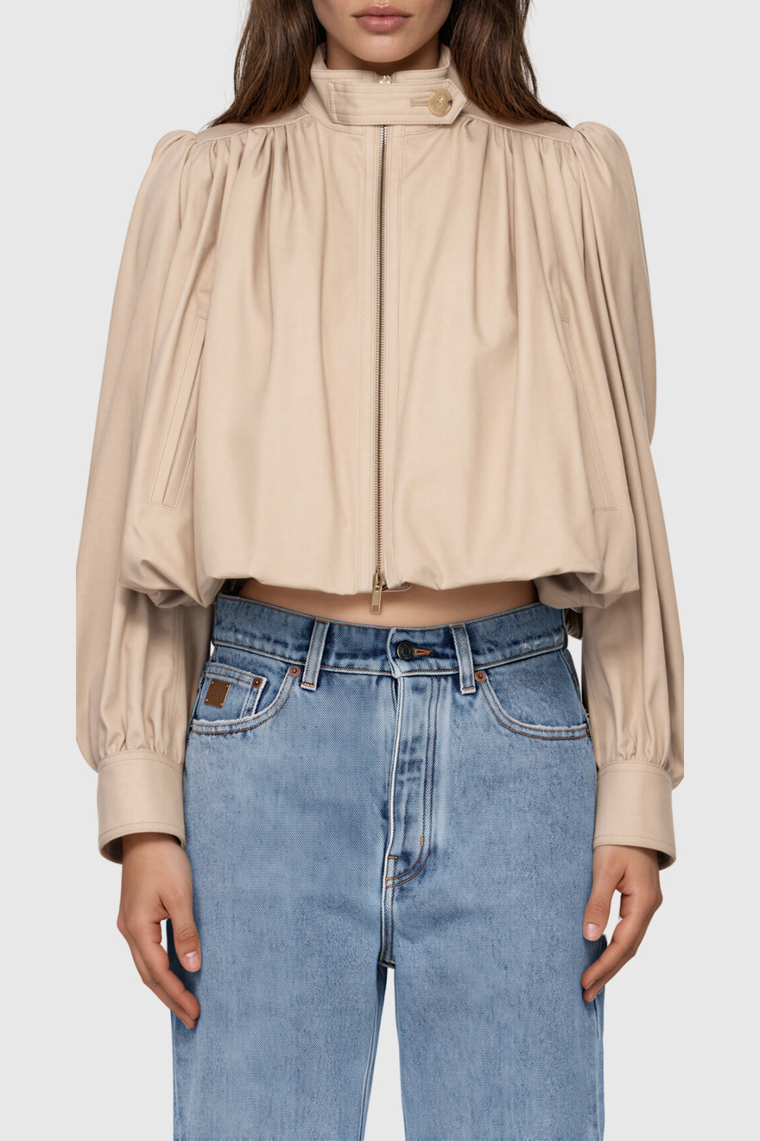 Alessia Gathered Funnel-Neck Crop Jacket