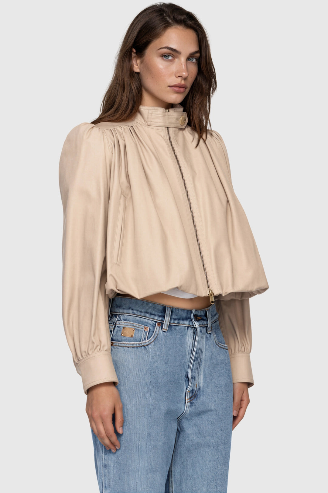 Alessia Gathered Funnel-Neck Crop Jacket