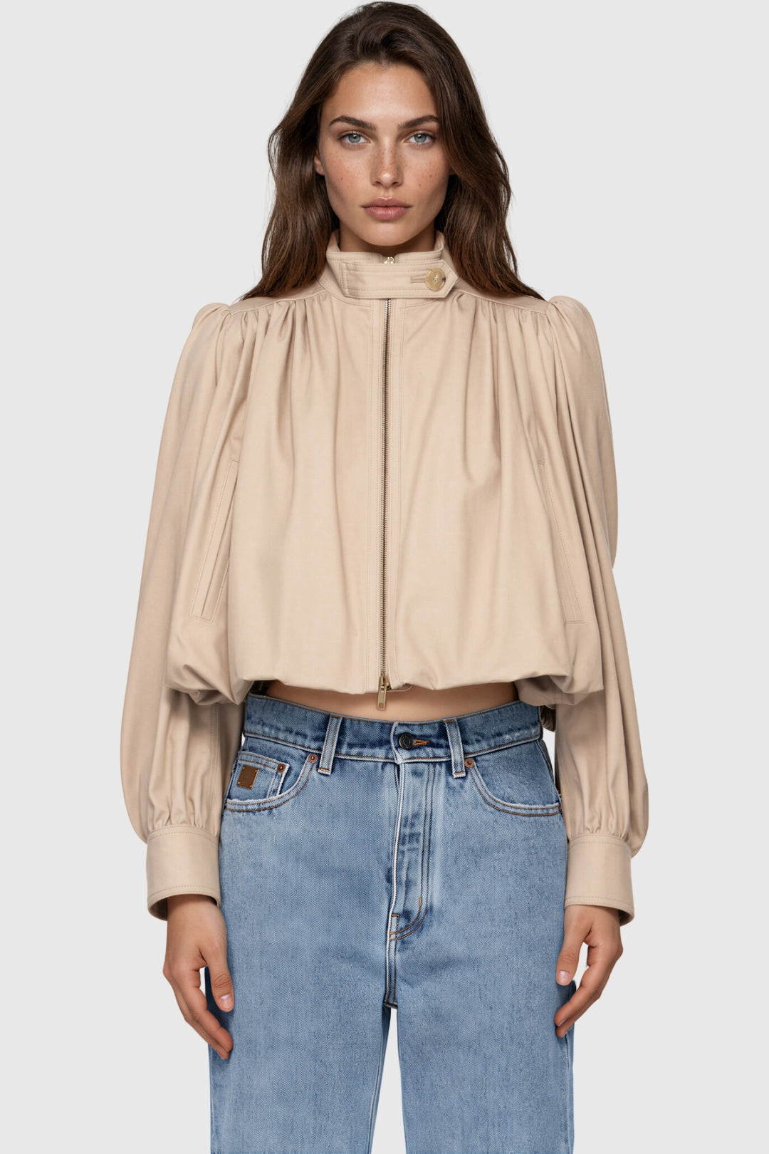 Alessia Gathered Funnel-Neck Crop Jacket