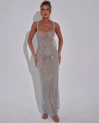 Alessia Square Neck Formal Evening Sparkle Maxi Dress