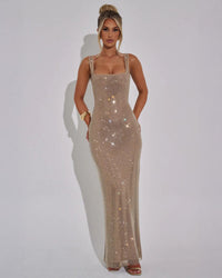 Alessia Square Neck Formal Evening Sparkle Maxi Dress