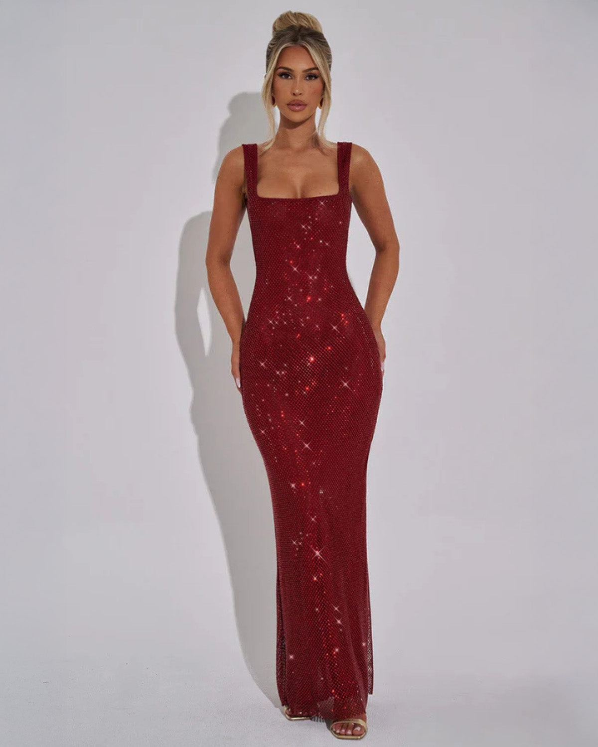 Alessia Square Neck Formal Evening Sparkle Maxi Dress