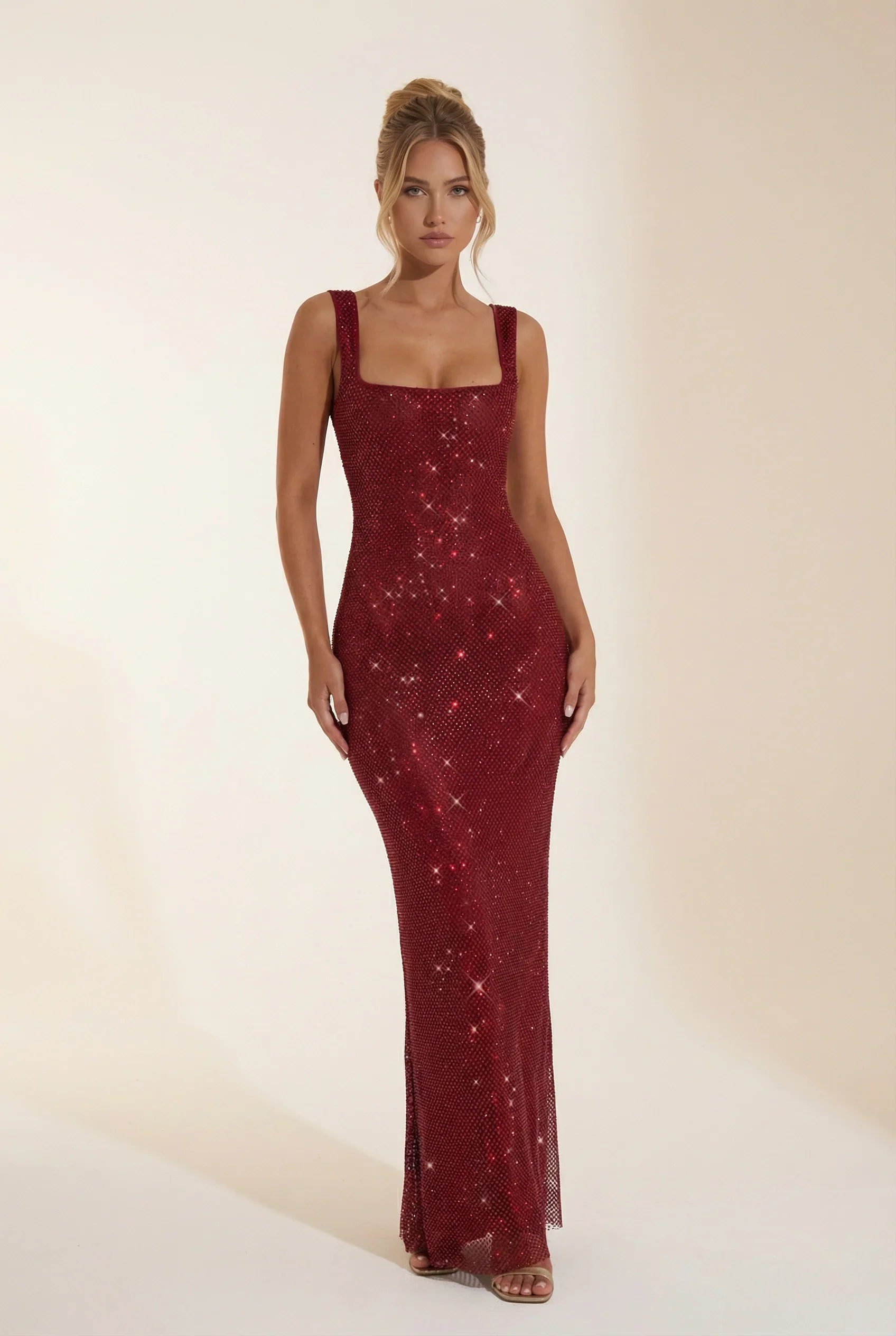 Alessia Square Neck Formal Evening Sparkle Maxi Dress