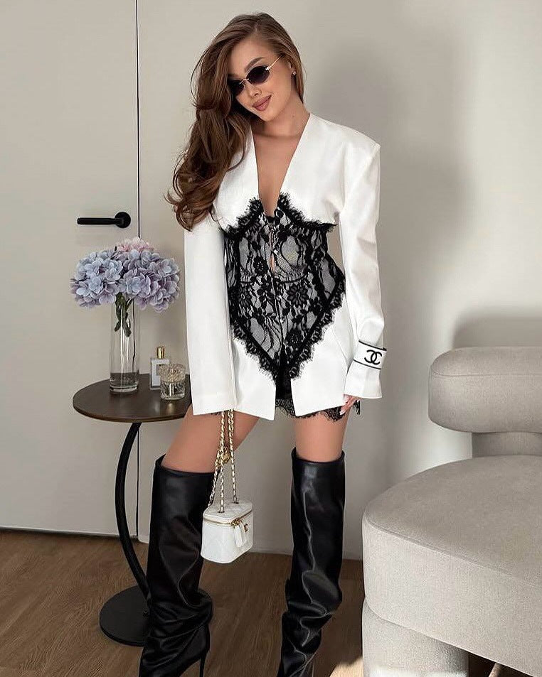 Annalise Lace-Spliced V-Neck Blazer Dress