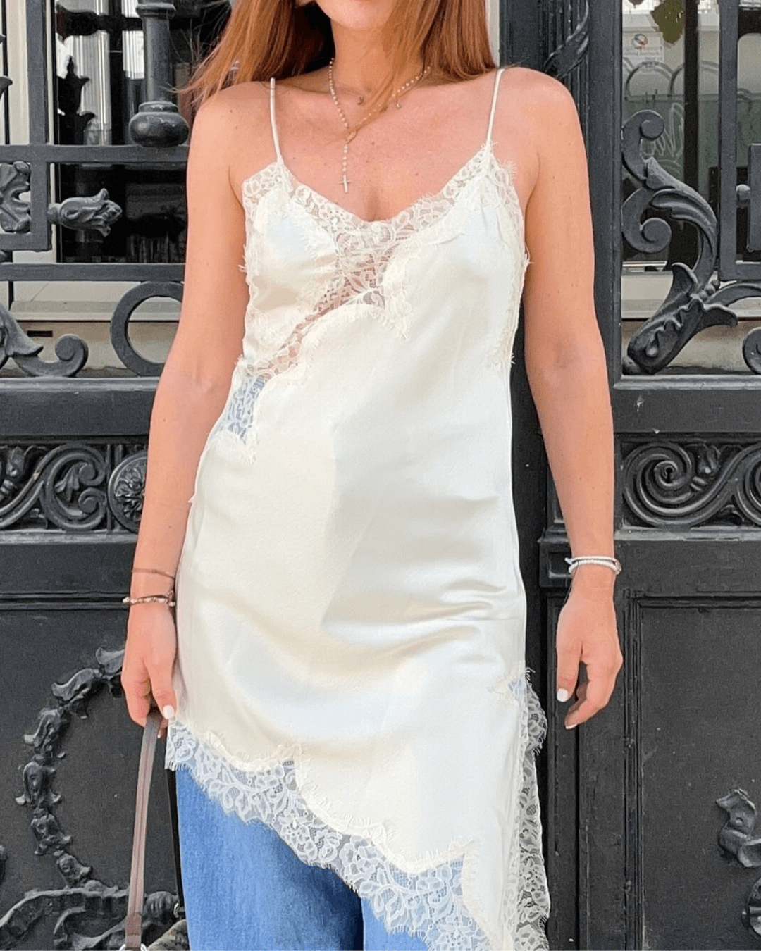 Arah Asymmetric Satin Lace Midi Dress 11