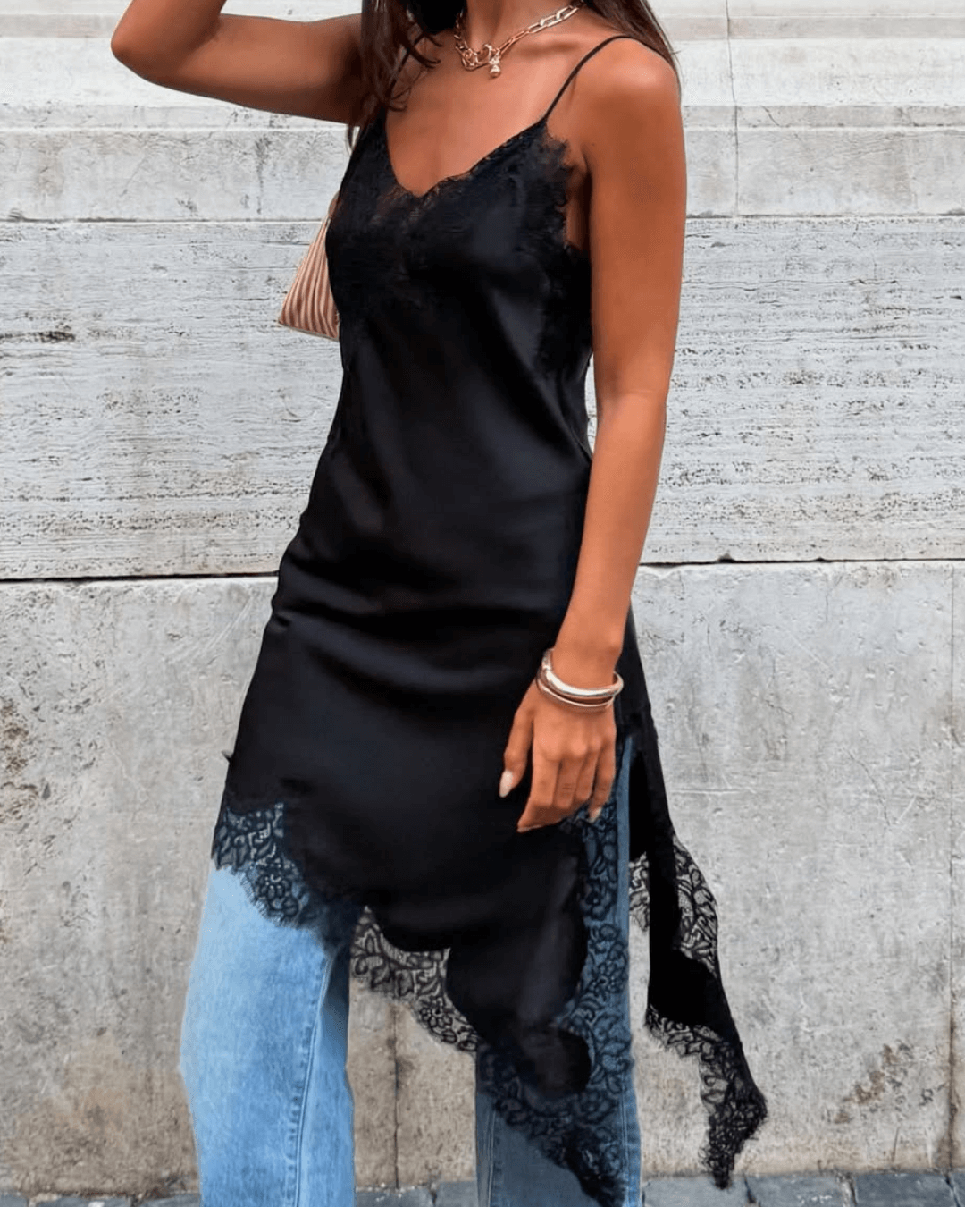 Arah Asymmetric Satin Lace Midi Dress 15