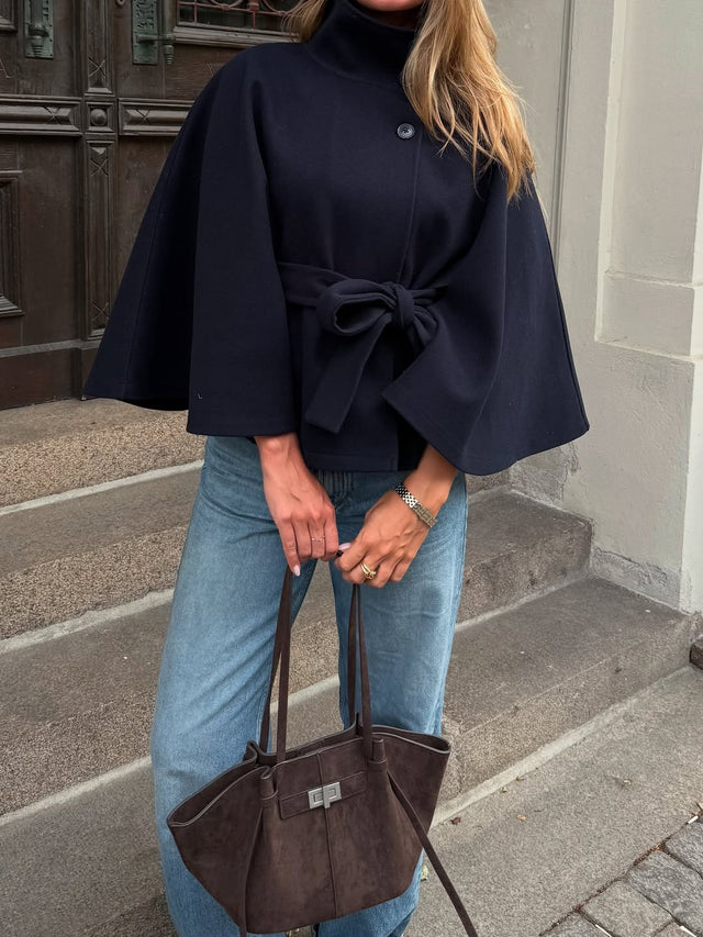 Arianne Elegant High-Neck Belted Cape Jacket 4