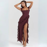 Ariela Ruffle Trim High Slit Maxi Dress 0