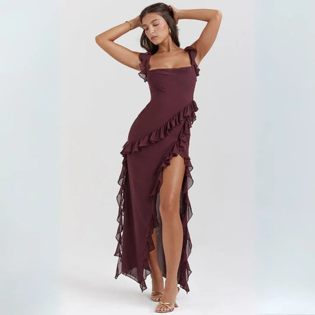 Ariela Ruffle Trim High Slit Maxi Dress 0