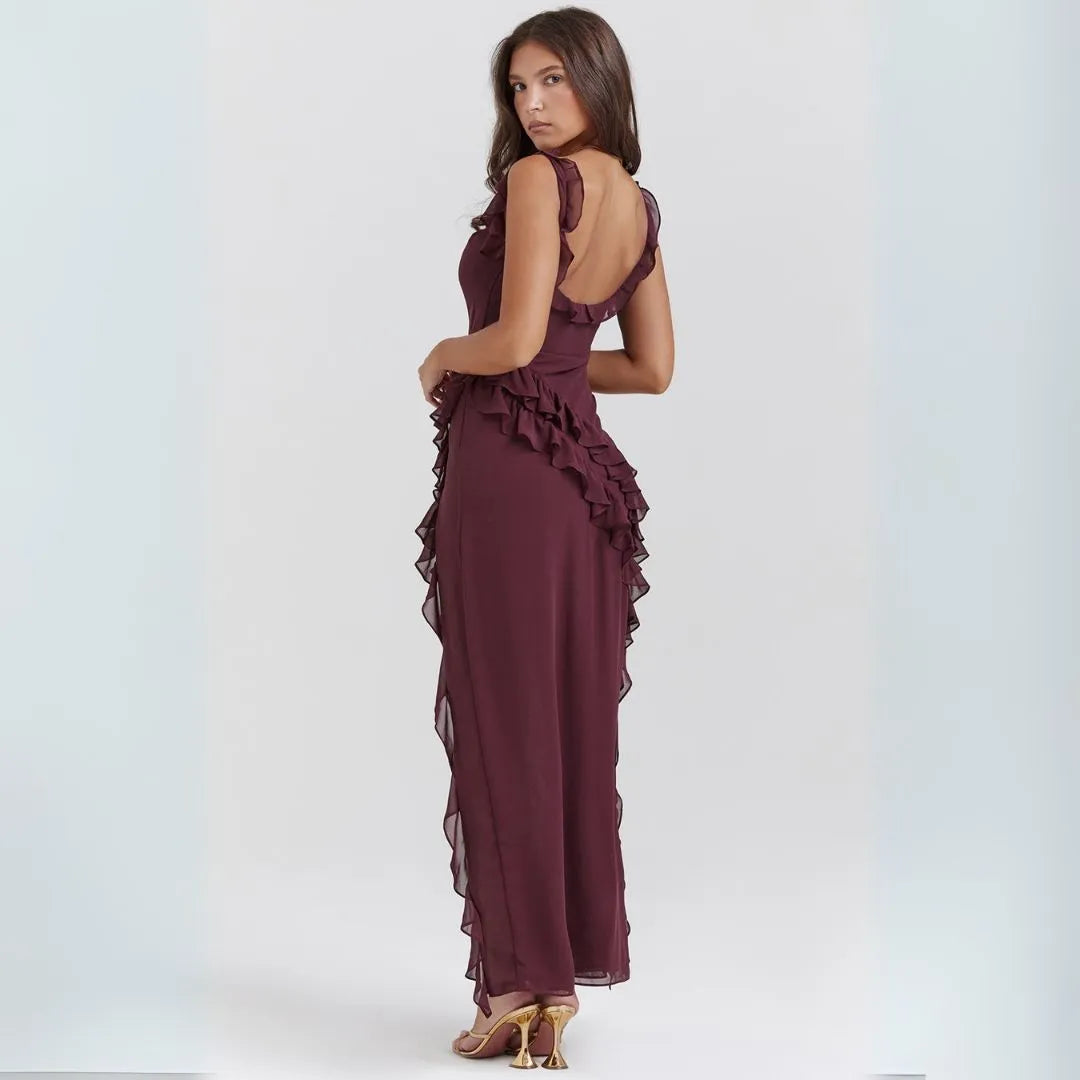 Ariela Ruffle Trim High Slit Maxi Dress 3