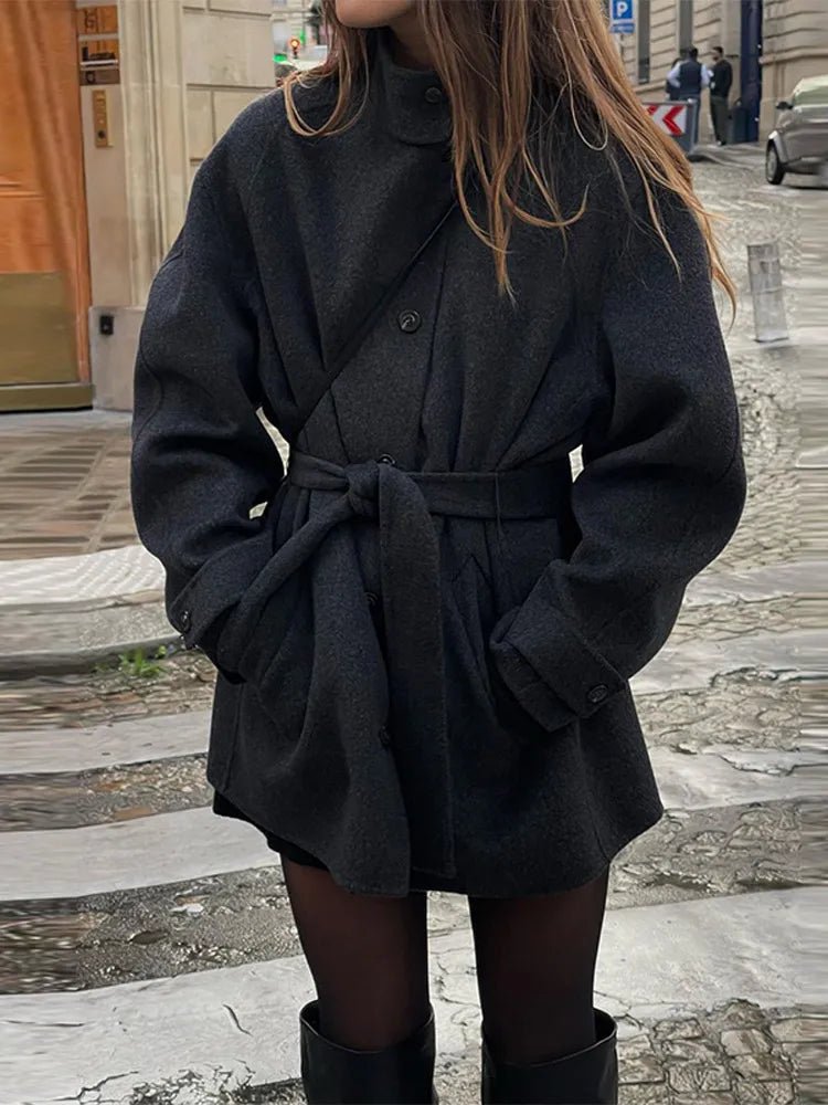 Isadora Stand-Up Collar Belted Short Wool-Blend Coat