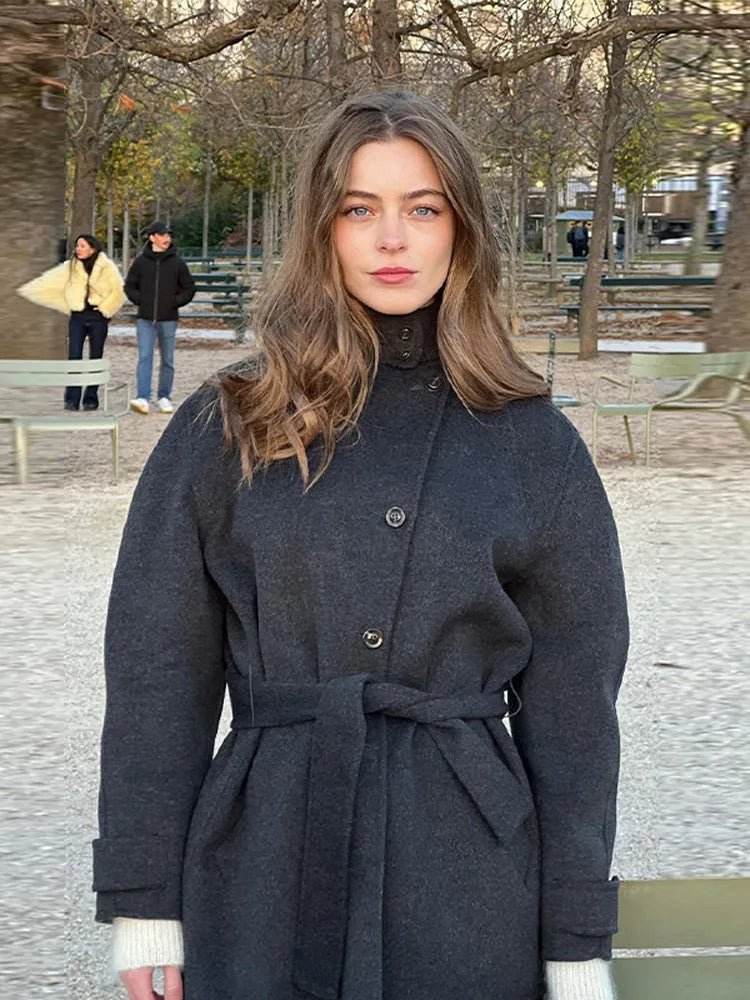 Isadora Stand-Up Collar Belted Short Wool-Blend Coat