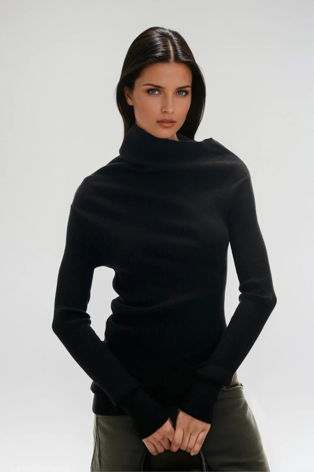 Astrid Asymmetric Ribbed Turtleneck Knit Top
