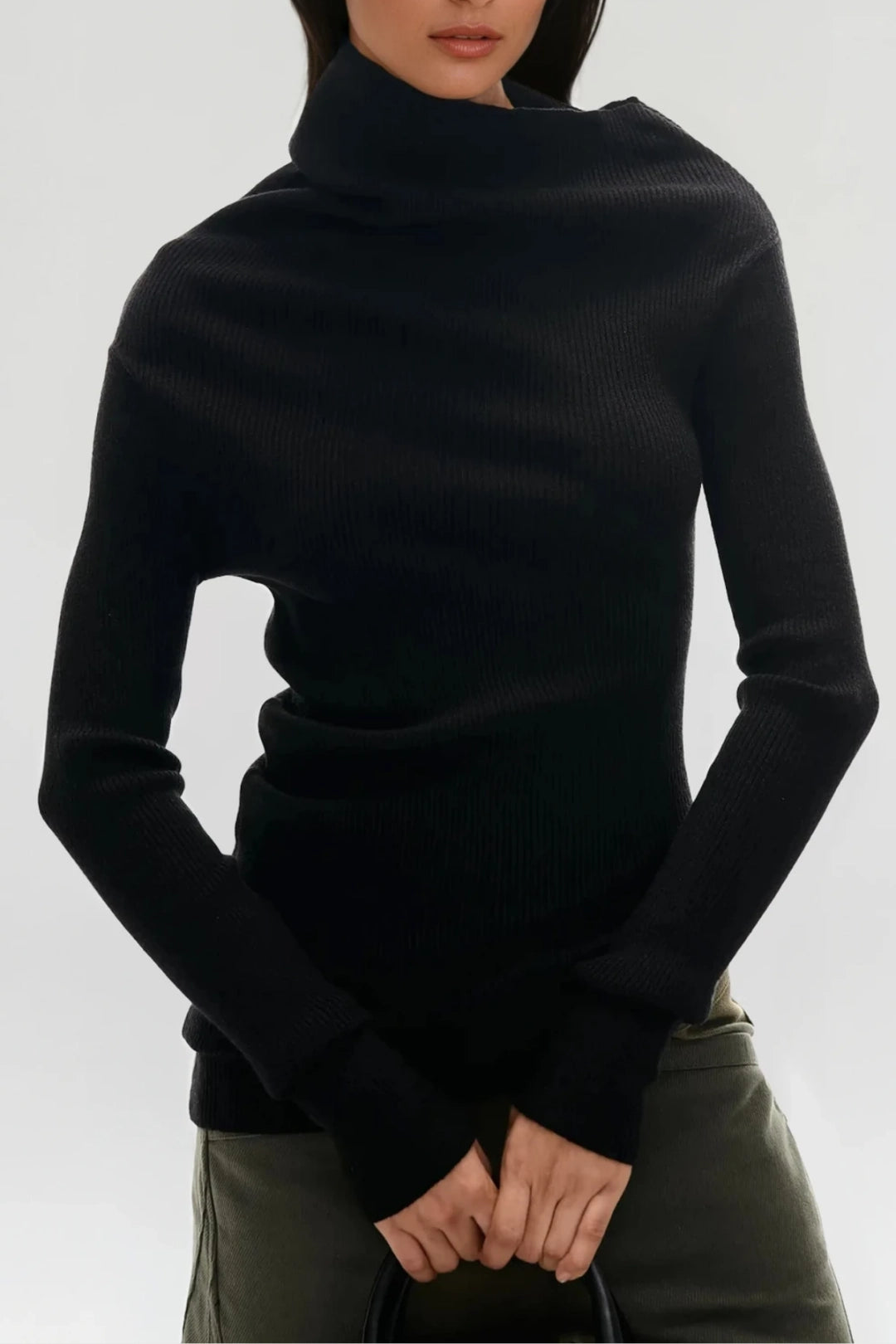 Astrid Asymmetric Ribbed Turtleneck Knit Top