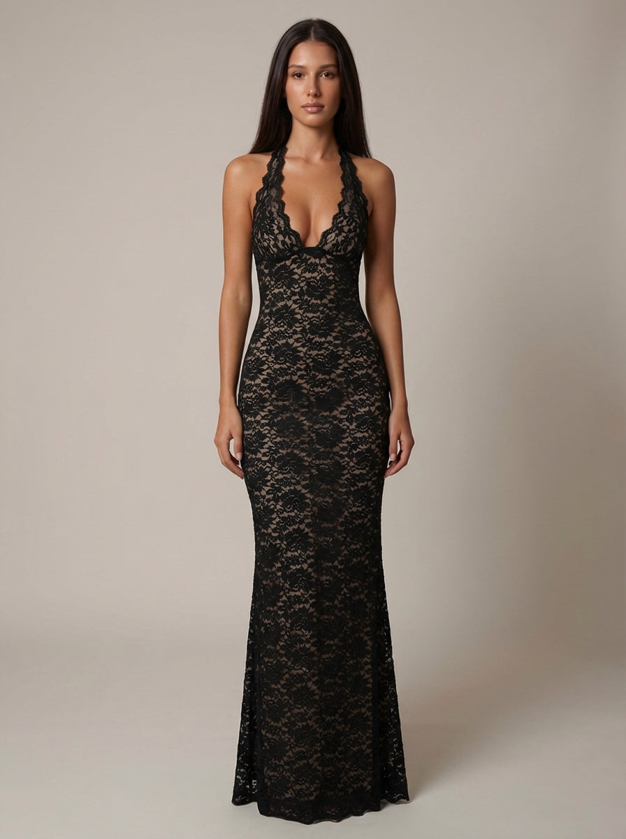Audrey Lace Deep V Maxi Dress Cocktail