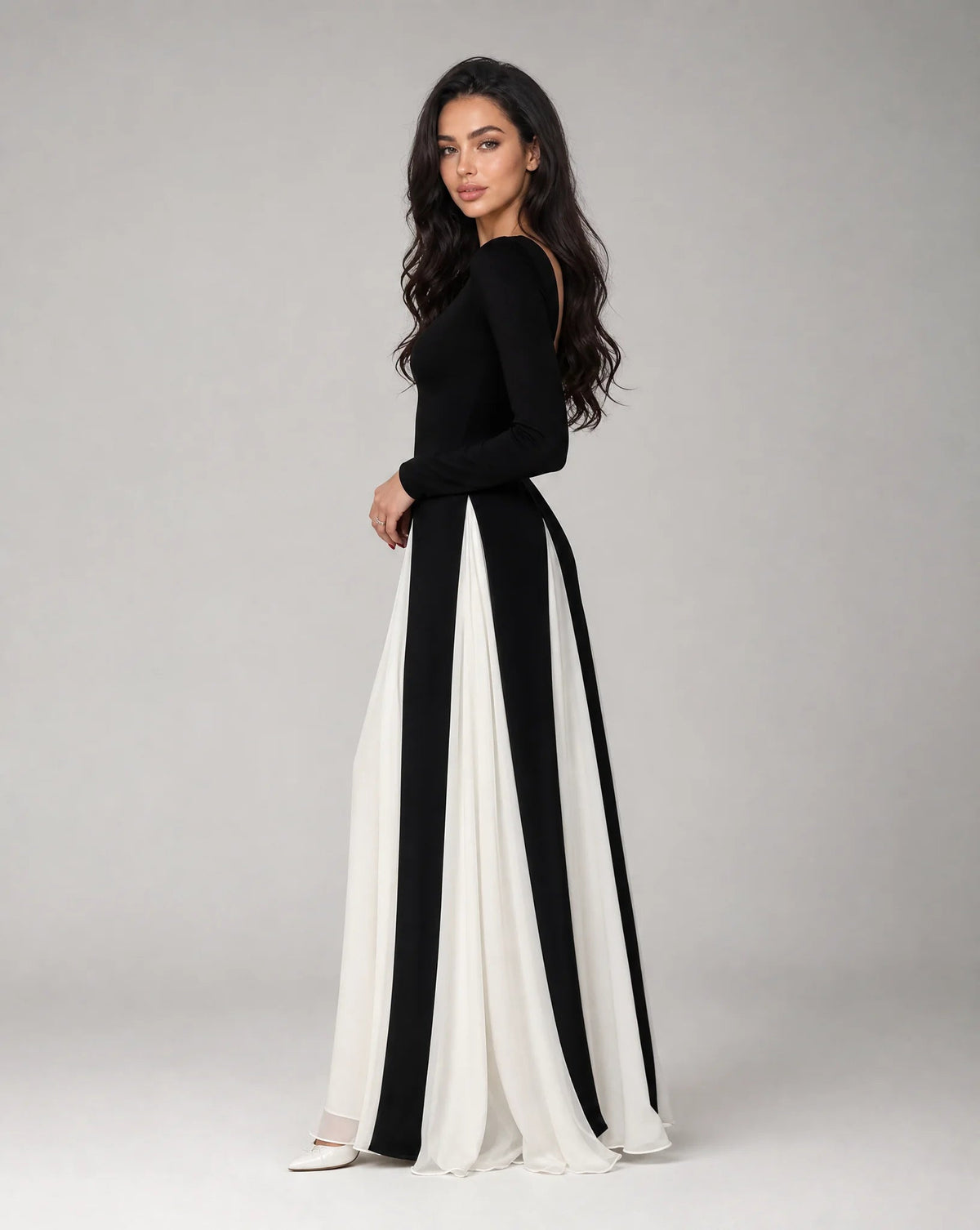 Aurelia Contrast-Panel Long-Sleeve Maxi Evening Dress