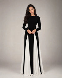 Aurelia Contrast-Panel Long-Sleeve Maxi Evening Dress