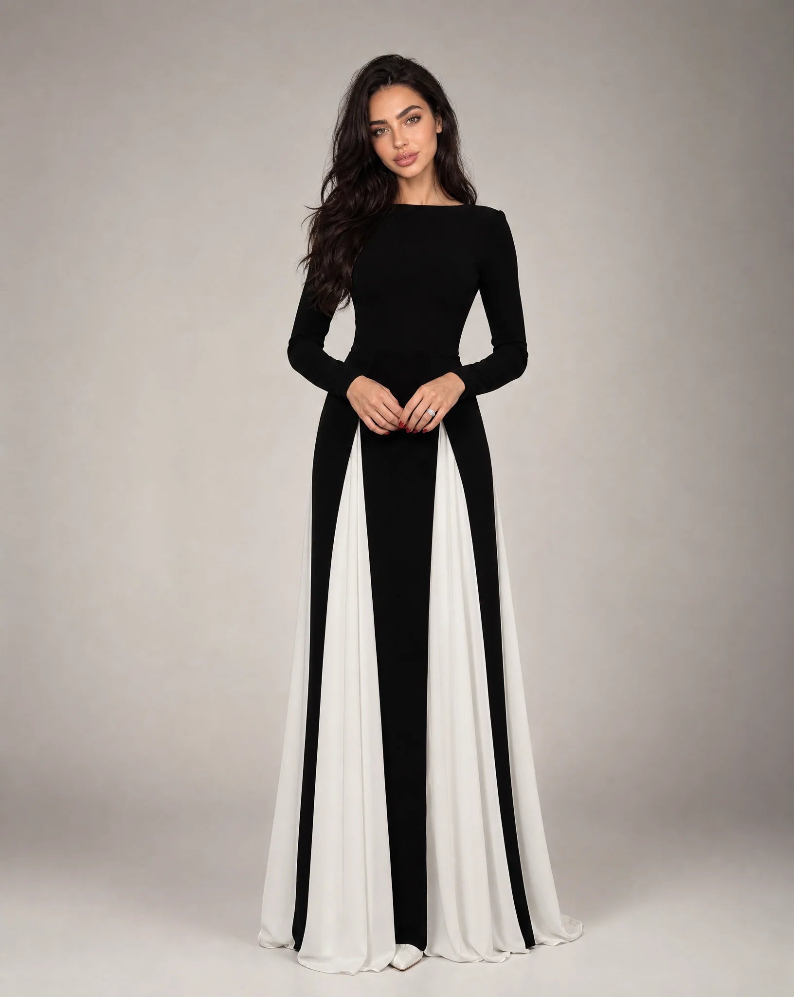 Aurelia Contrast-Panel Long-Sleeve Maxi Evening Dress