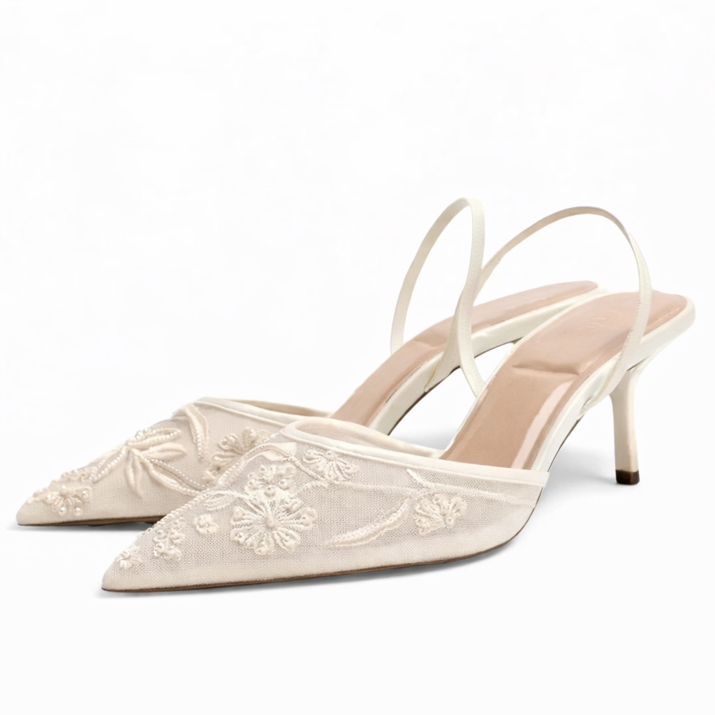 Aurelia Embroidered Mesh Pointed Slingback Heels