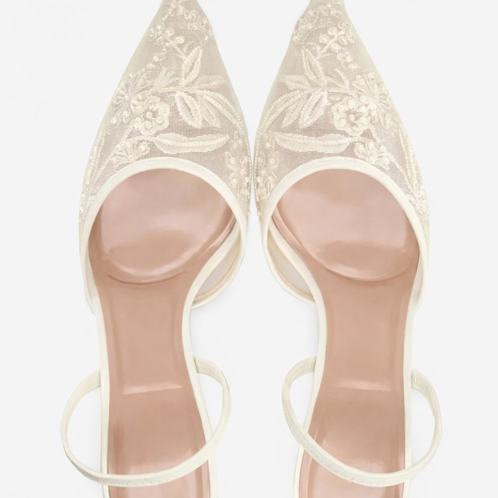 Aurelia Embroidered Mesh Pointed Slingback Heels