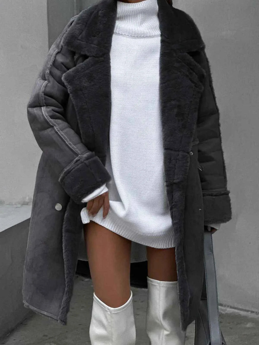 Aurelia Faux-Shearling Double-Breasted Faux-Suede Coat