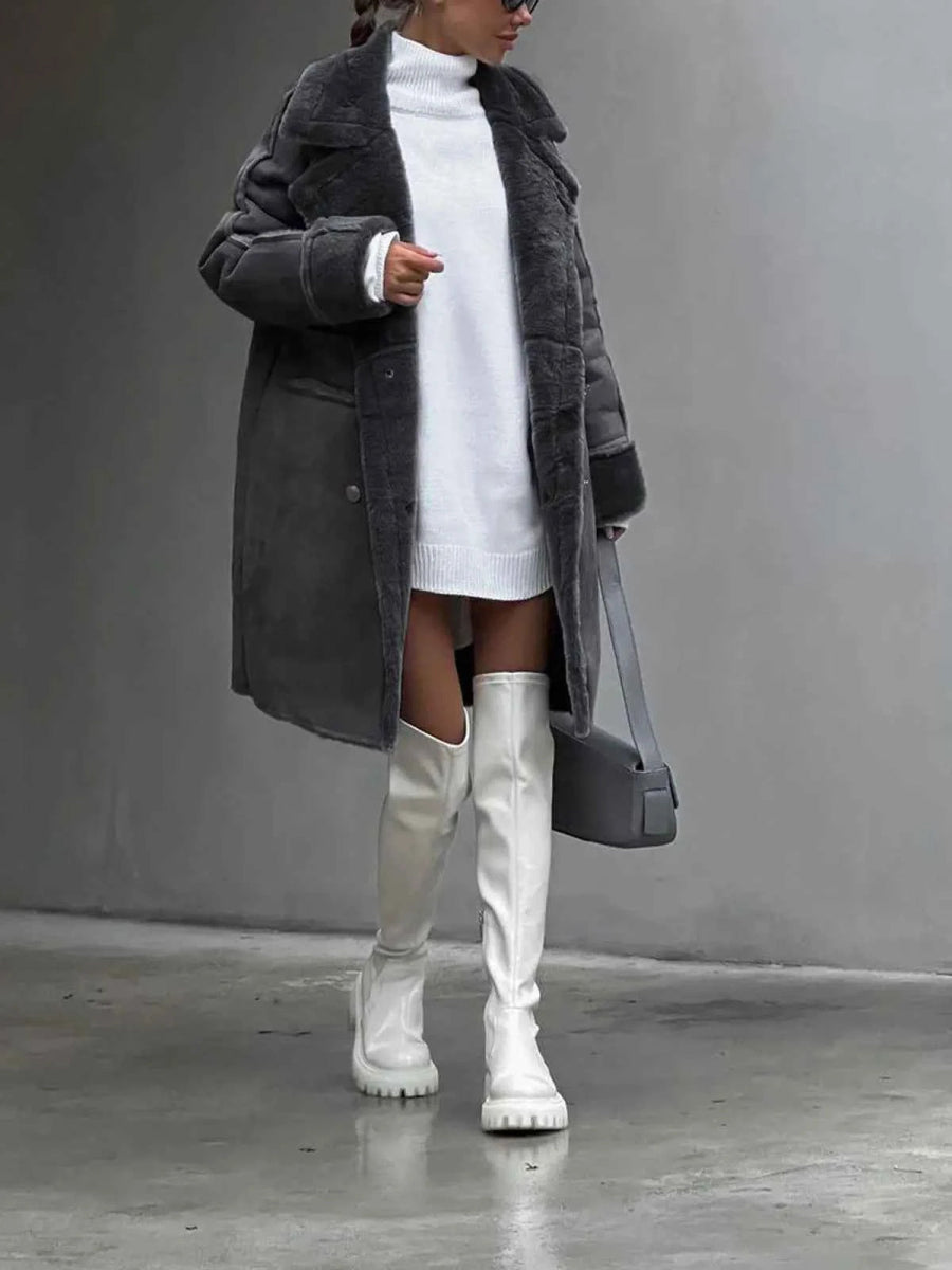 Aurelia Faux-Shearling Double-Breasted Faux-Suede Coat