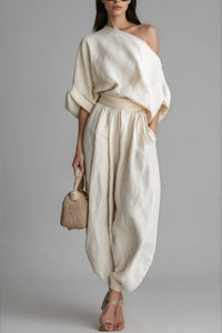 Aurelia Linen One-Shoulder Top & Harem Pants Set