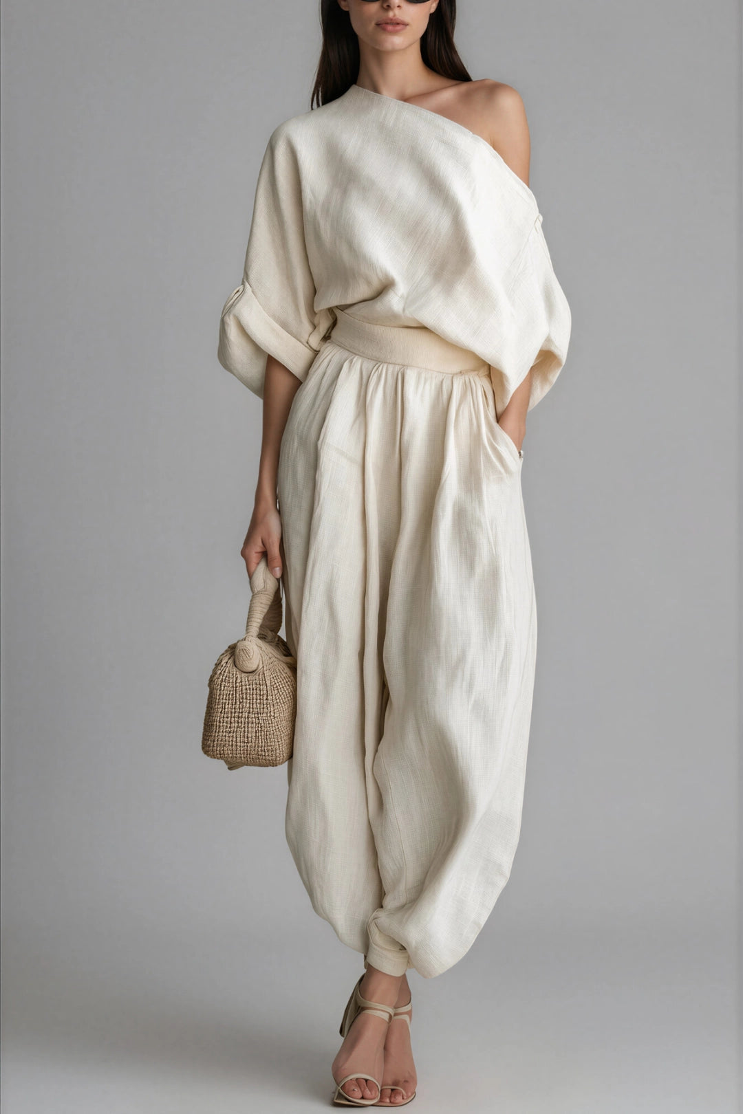 Aurelia Linen One-Shoulder Top & Harem Pants Set