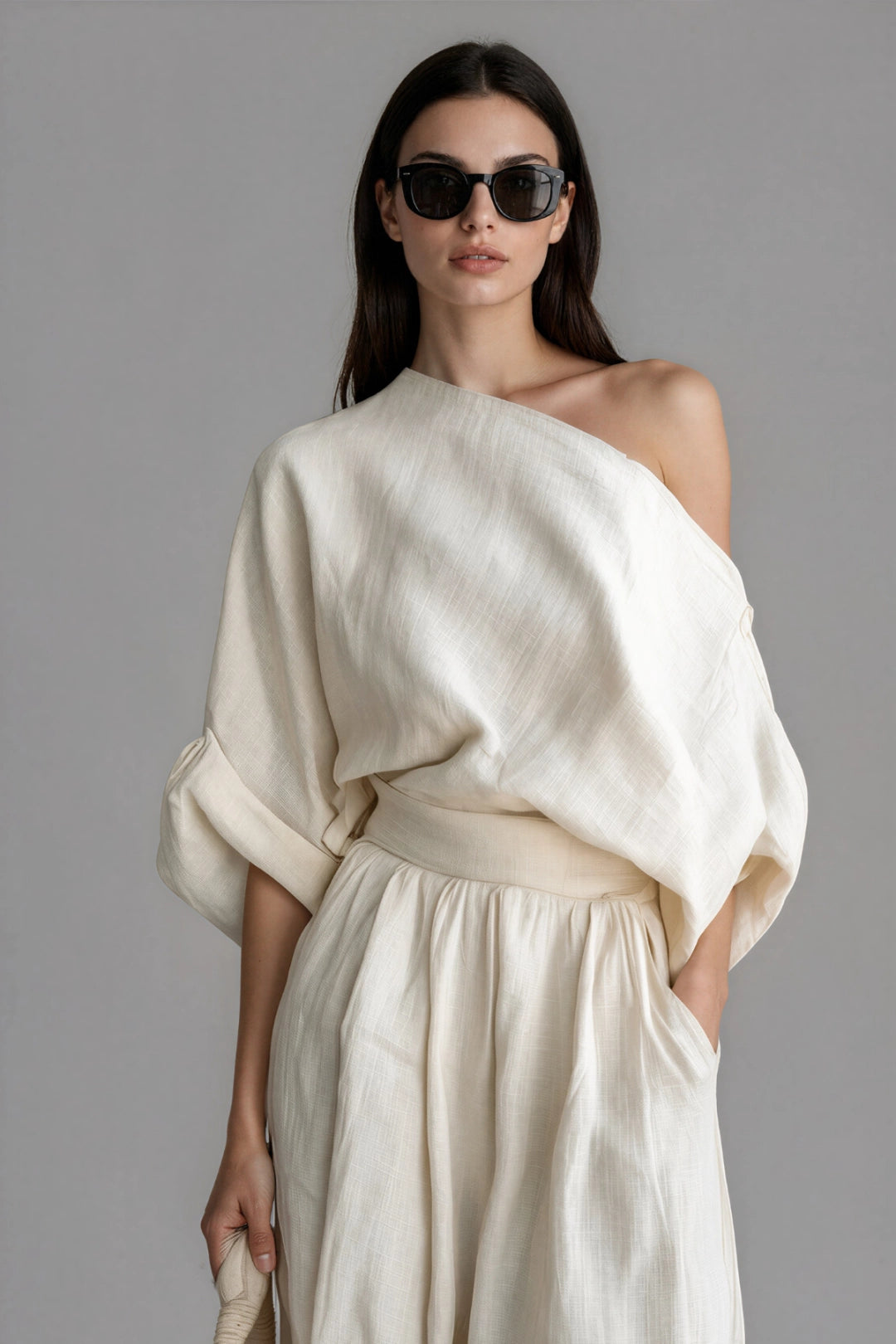 Aurelia Linen One-Shoulder Top & Harem Pants Set
