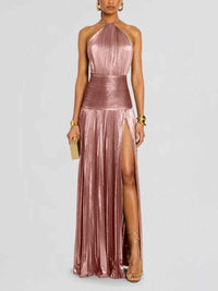 Aurelia Metallic Pleated Halter Slit Maxi dress