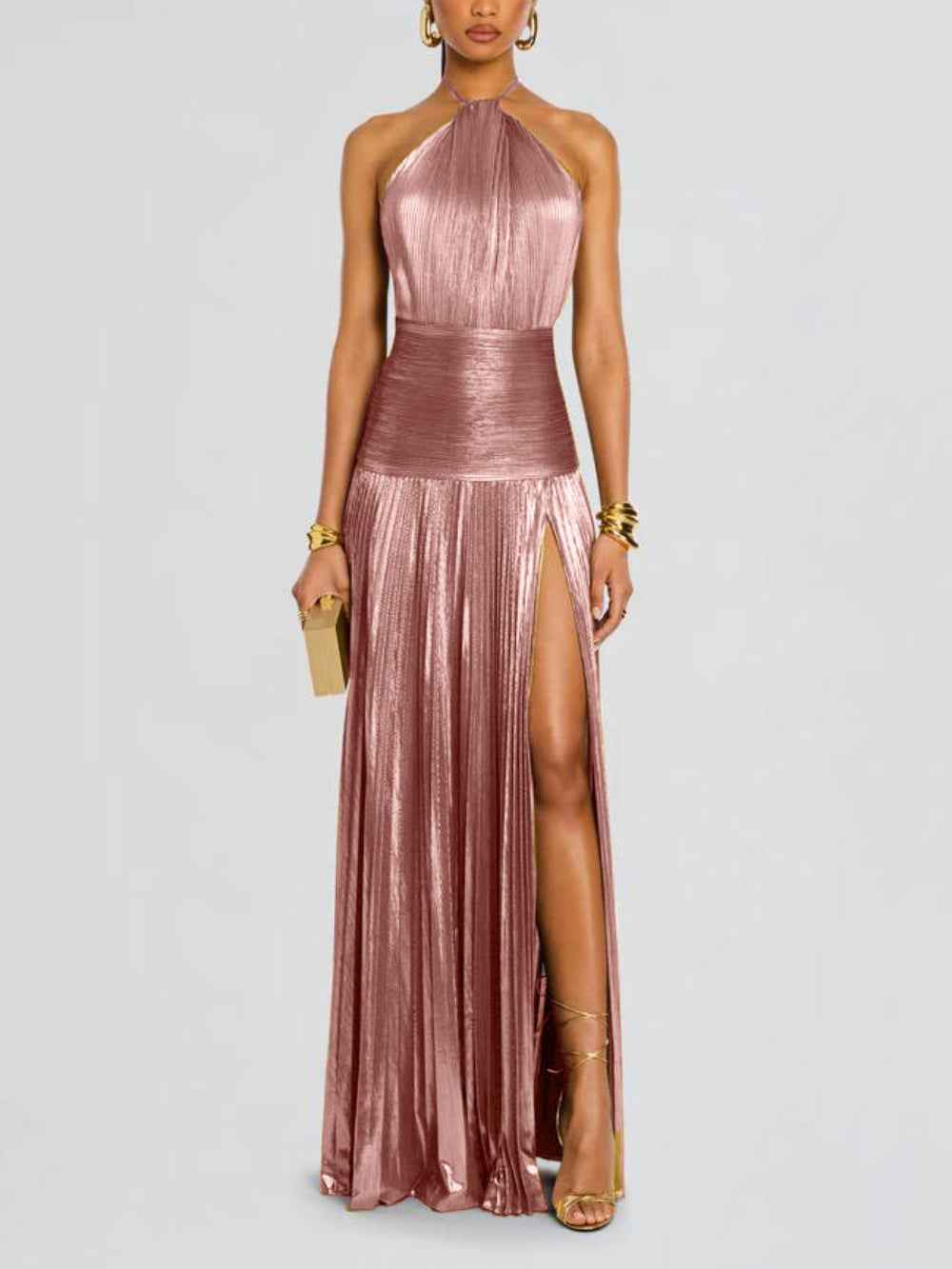 Aurelia Metallic Pleated Halter Slit Maxi dress