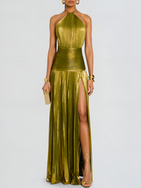 Aurelia Metallic Pleated Halter Slit Maxi dress