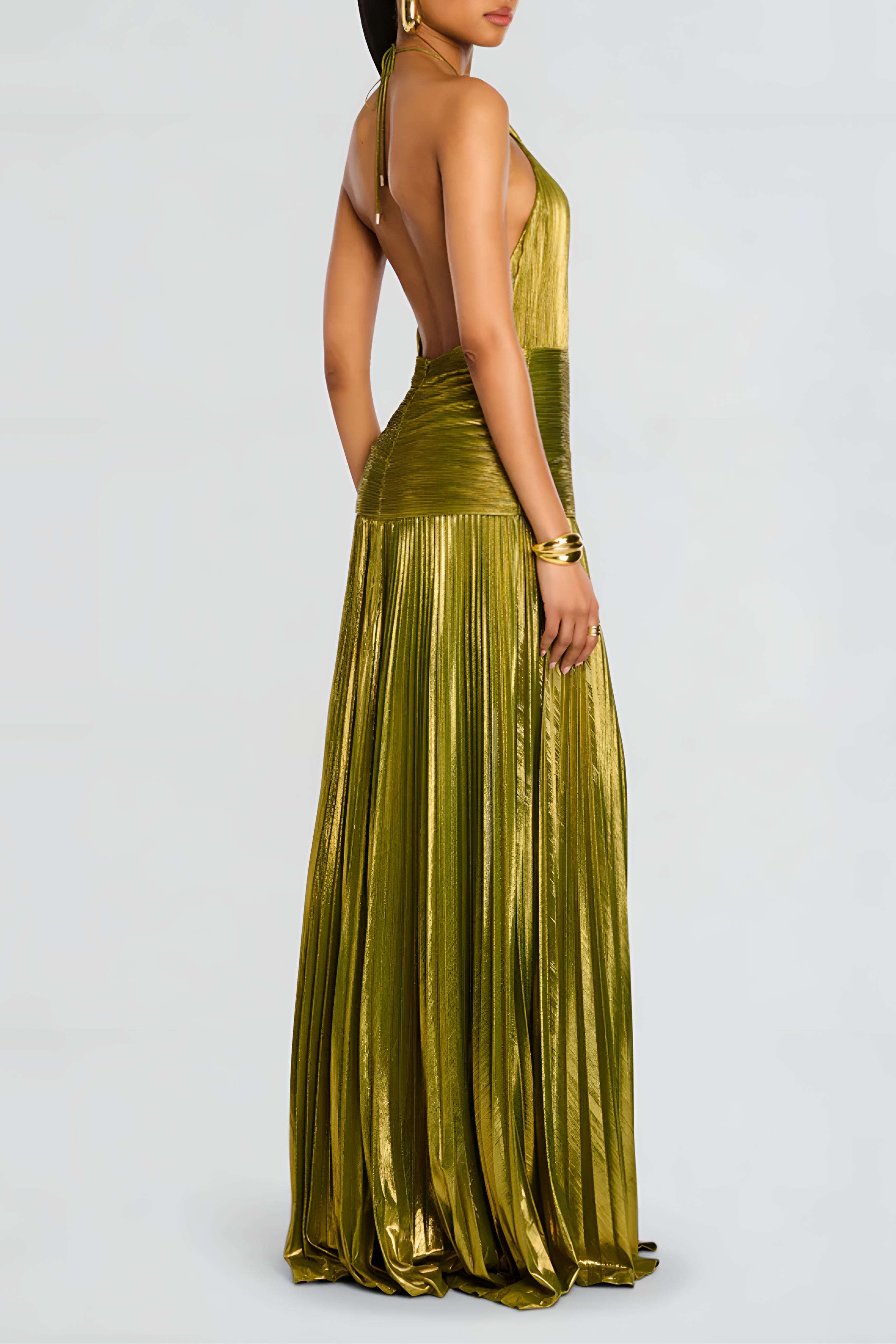 Aurelia Metallic Pleated Halter Slit Maxi dress