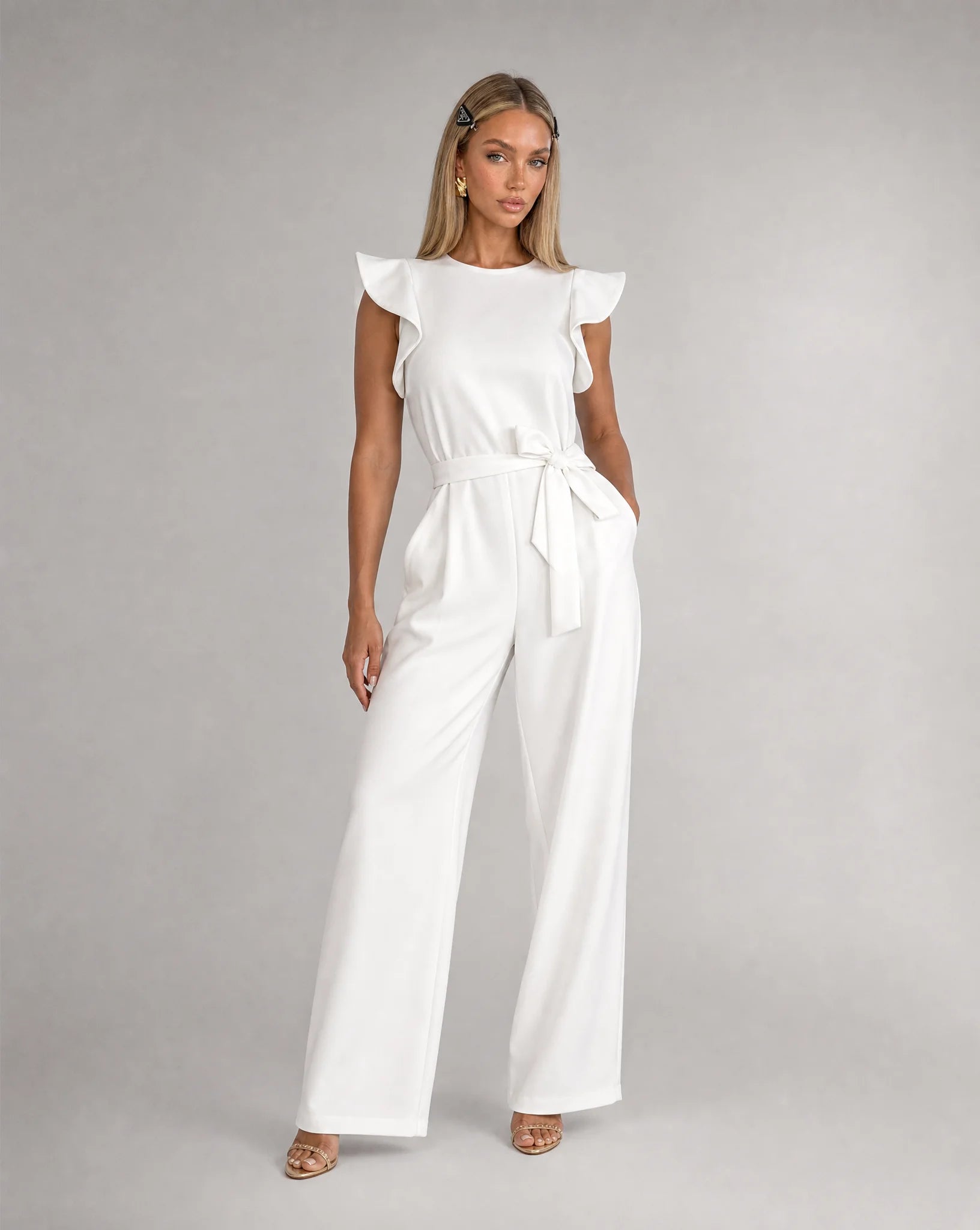 Aurelia Ruffle-Sleeve Belted Wide-Leg Jumpsuit