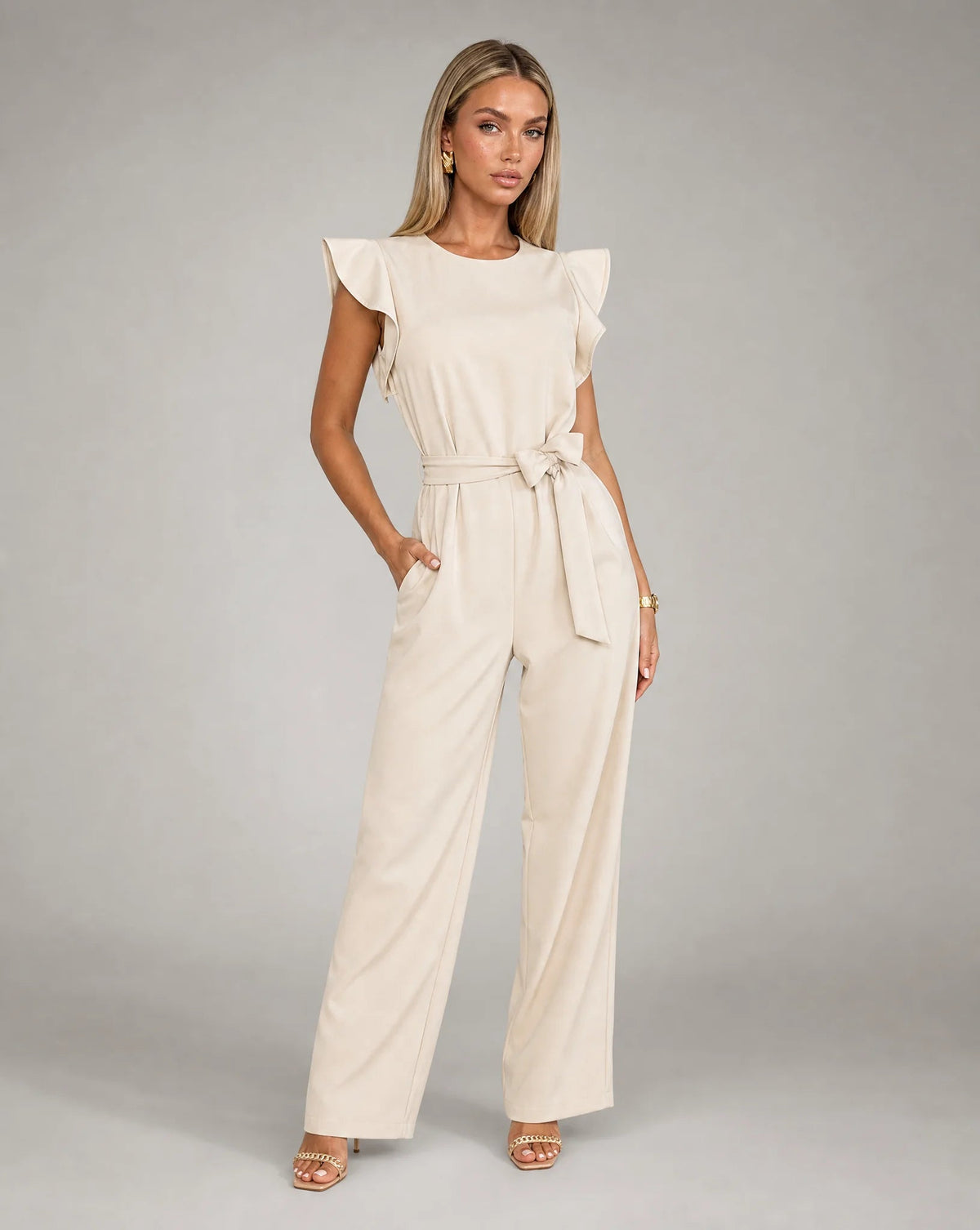 Aurelia Ruffle-Sleeve Belted Wide-Leg Jumpsuit