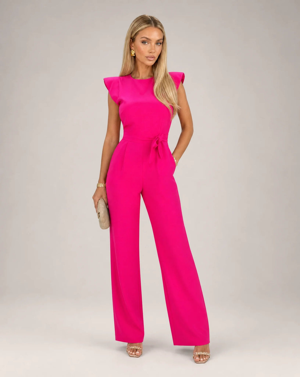 Aurelia Ruffle-Sleeve Belted Wide-Leg Jumpsuit