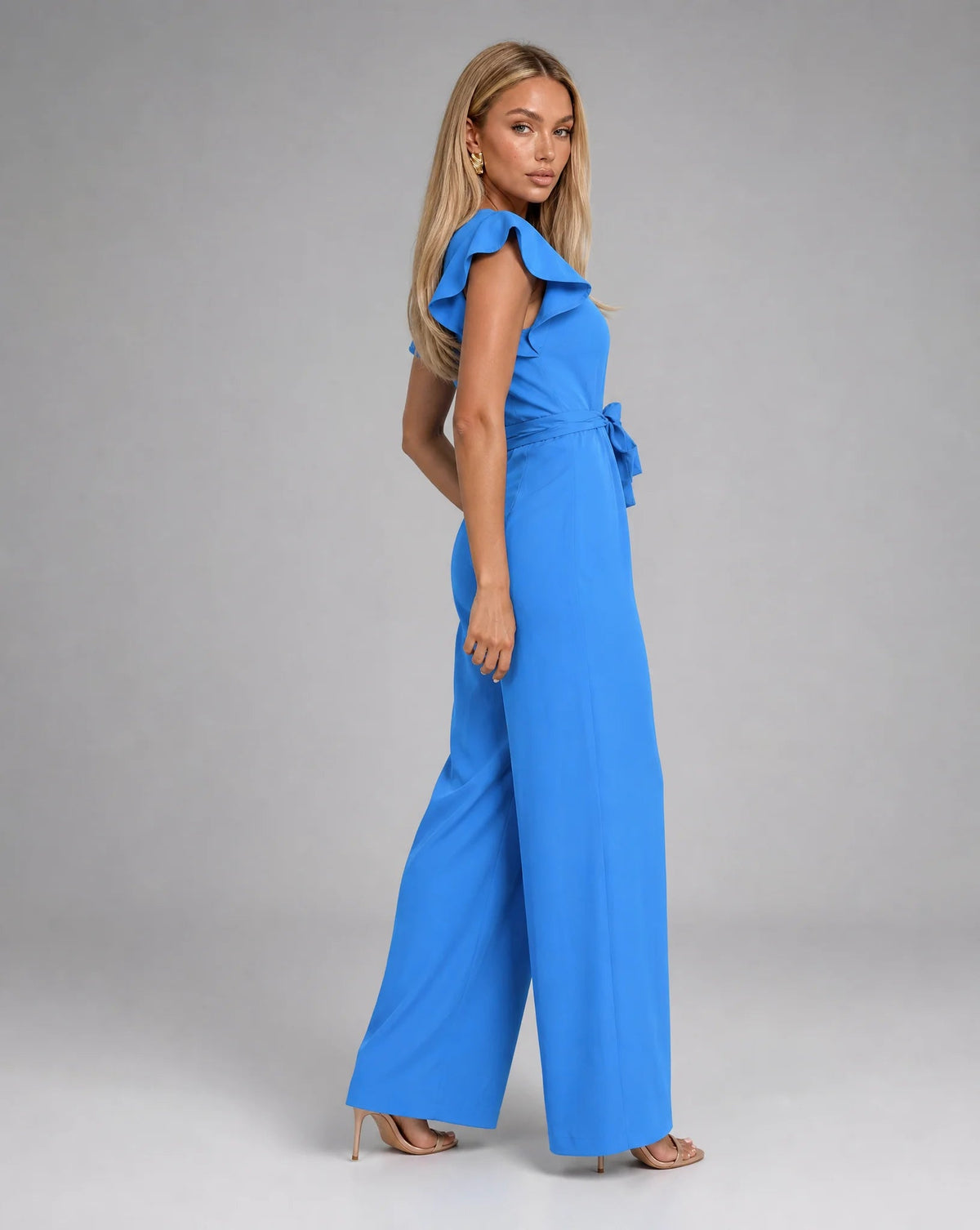 Aurelia Ruffle-Sleeve Belted Wide-Leg Jumpsuit