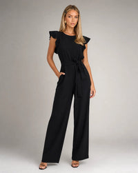 Aurelia Ruffle-Sleeve Belted Wide-Leg Jumpsuit