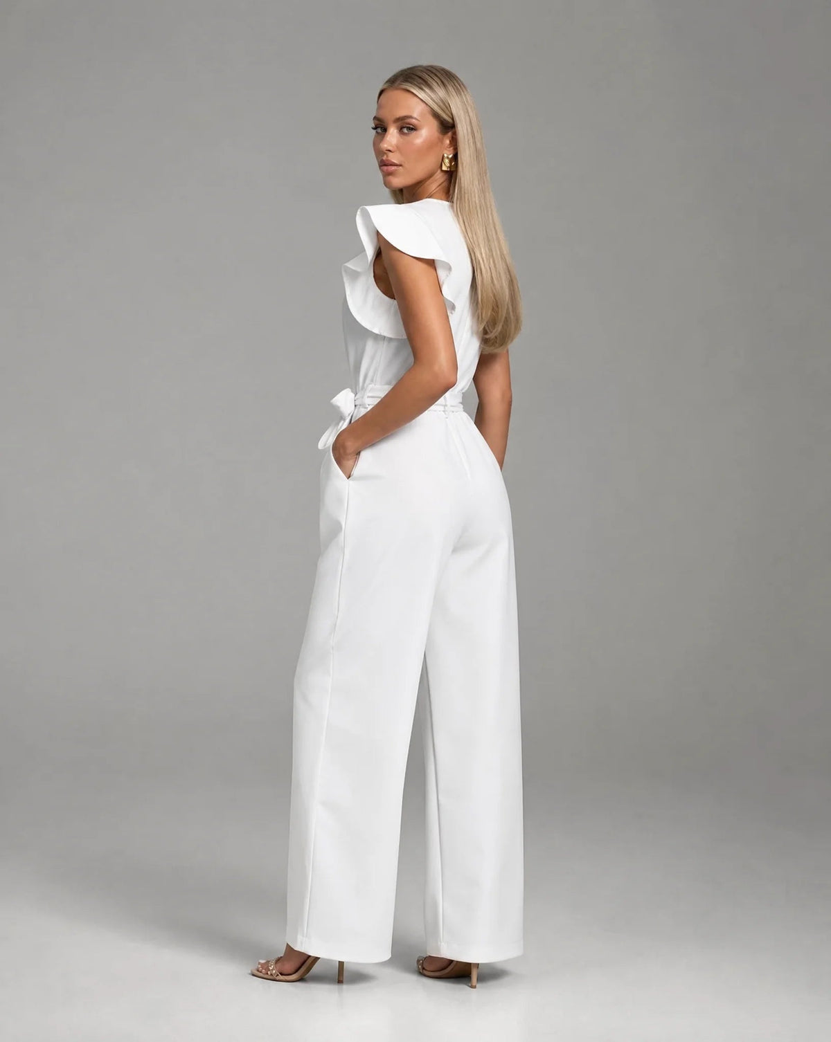 Aurelia Ruffle-Sleeve Belted Wide-Leg Jumpsuit