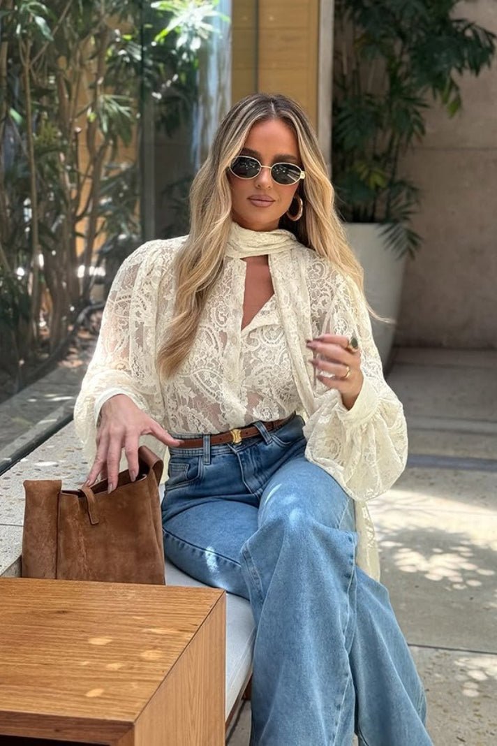 Aurelia Sheer Floral Lace Neck-Tie Blouse