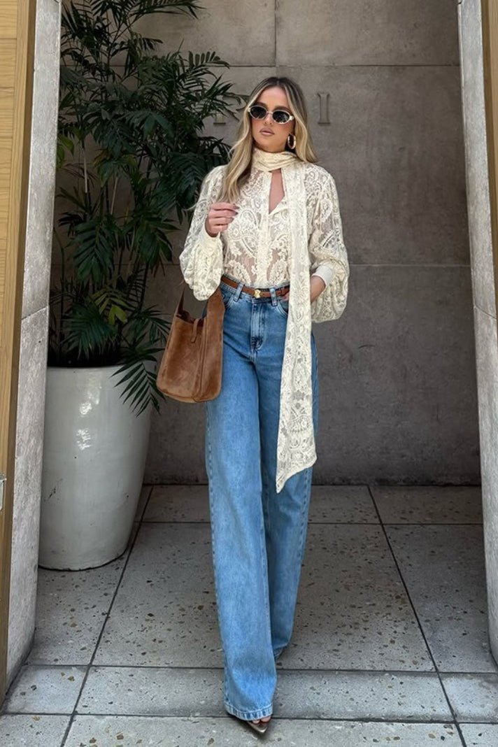 Aurelia Sheer Floral Lace Neck-Tie Blouse