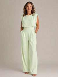 Aurelia Shoulder-Pad Pleated Wide-Leg Jumpsuit