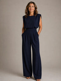 Aurelia Shoulder-Pad Pleated Wide-Leg Jumpsuit